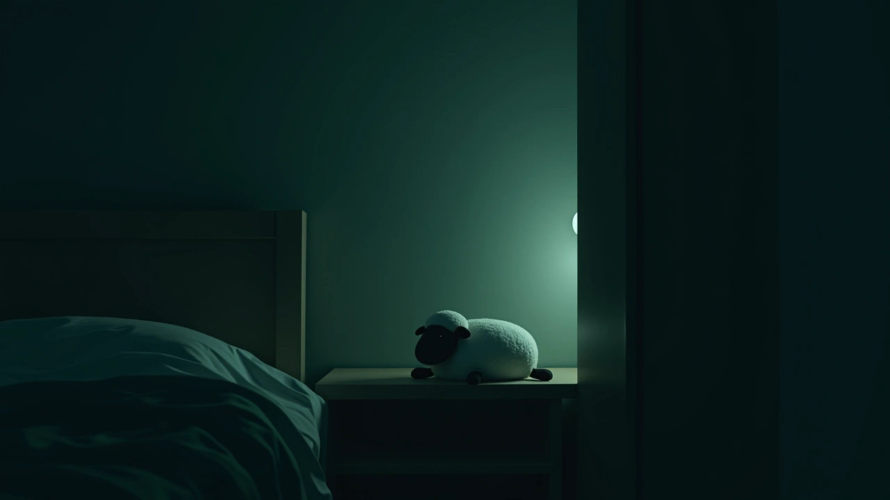 Illustration: a small sheep plush toy on a shelf in a bedroom.