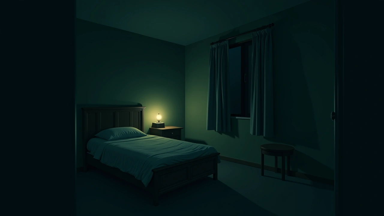 Illustration: a dark bedroom lit only by a small night light in the corner.