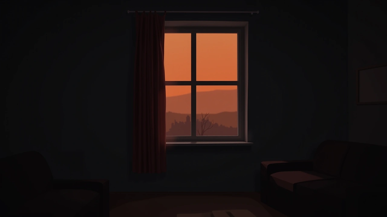 Illustration: a dark window at night with the curtain half drawn.