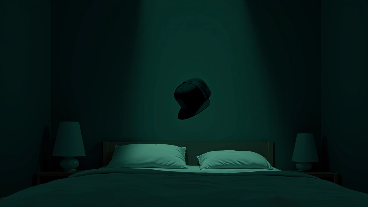 Illustration: a flat cap caught mid-air in a dim bedroom at night.
