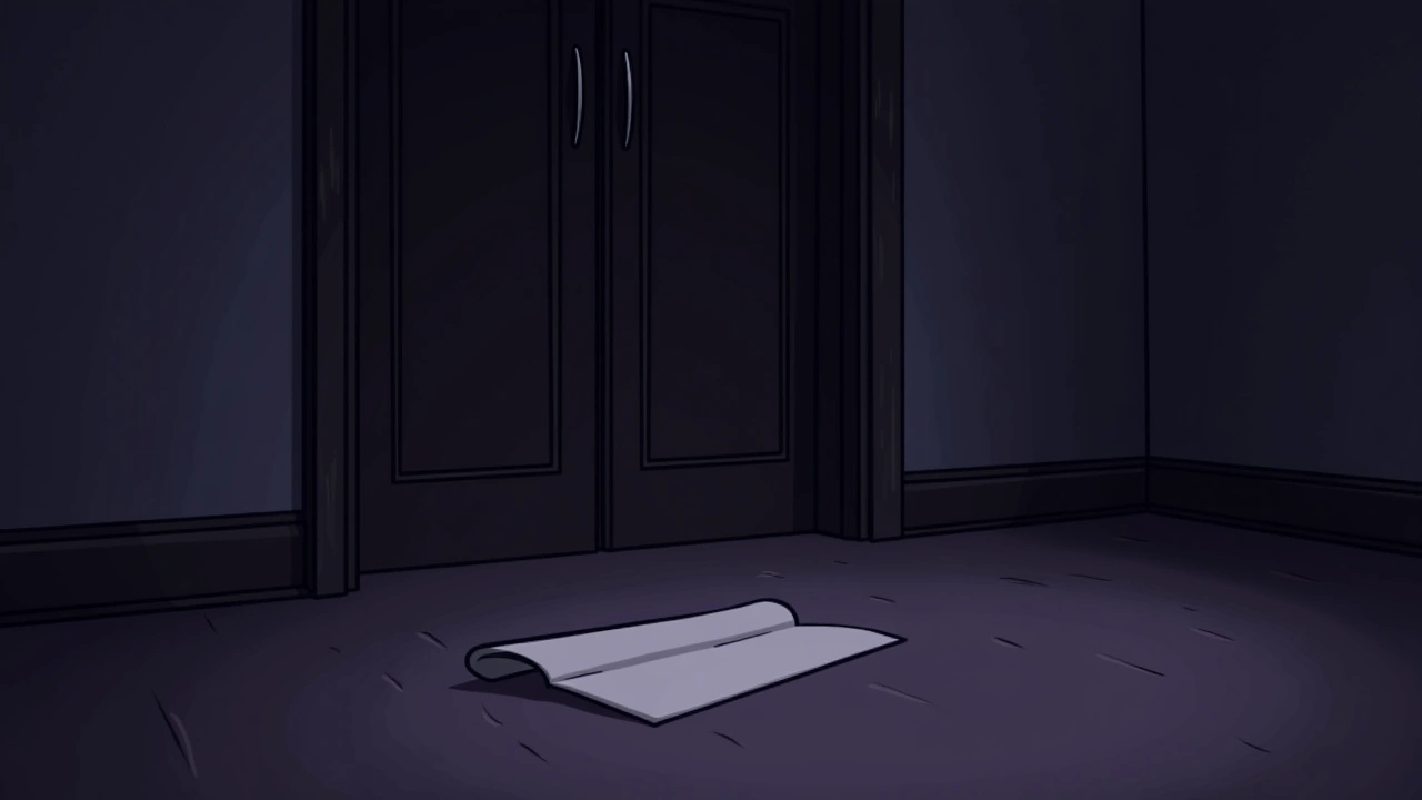 Illustration: a folded blank scrap of paper on the floor beside a closed wooden closet in a dim bedroom.