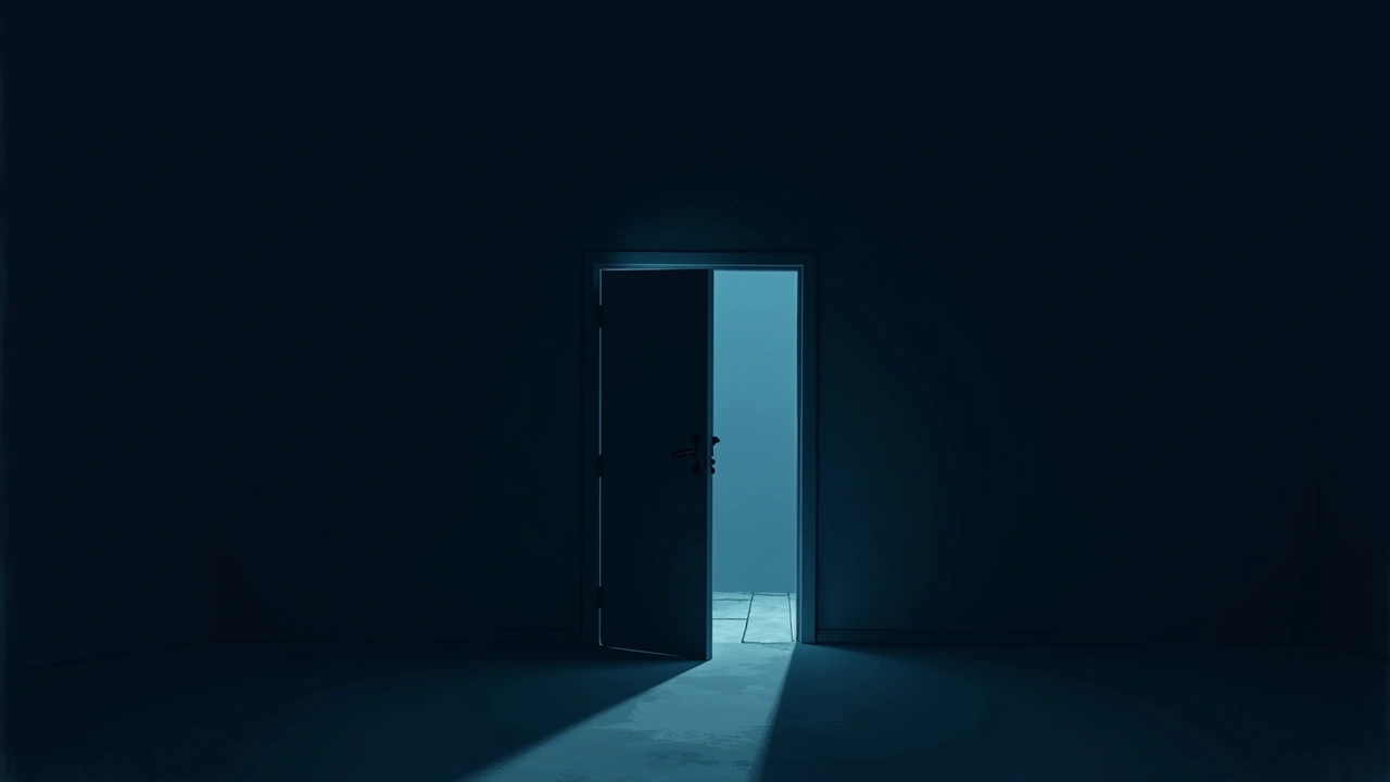 Illustration: a front door standing wide open at night, seen from a dim living room.