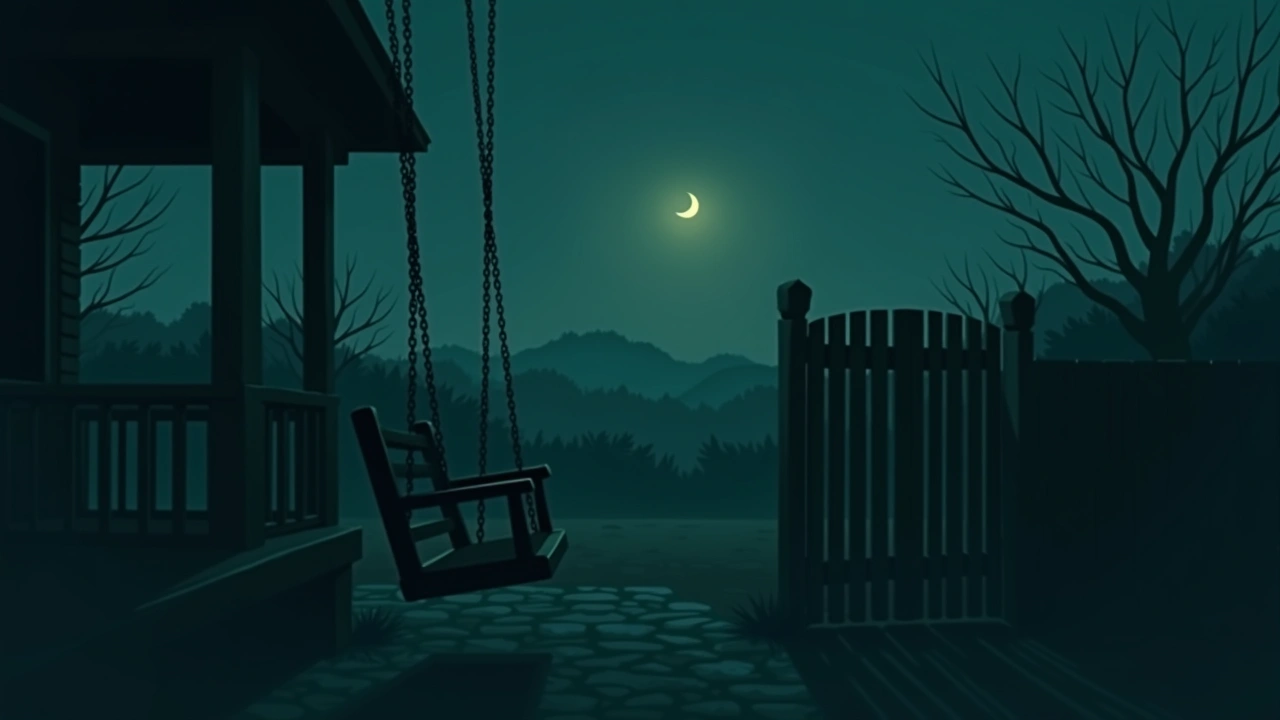 Illustration: an old porch swing swaying at dusk beside a wooden gate creaking open on its own.