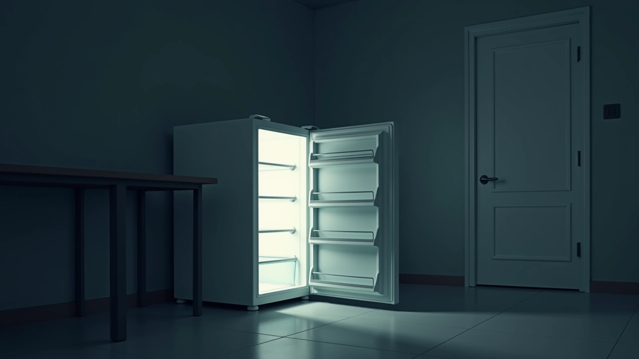 Illustration: an open freezer glowing with a faint light in a dim kitchen.