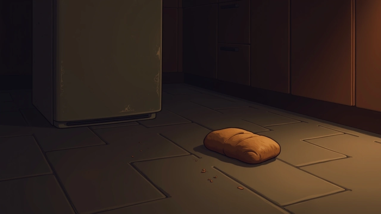 Illustration: a loaf of bread fallen on a dim kitchen floor at night.