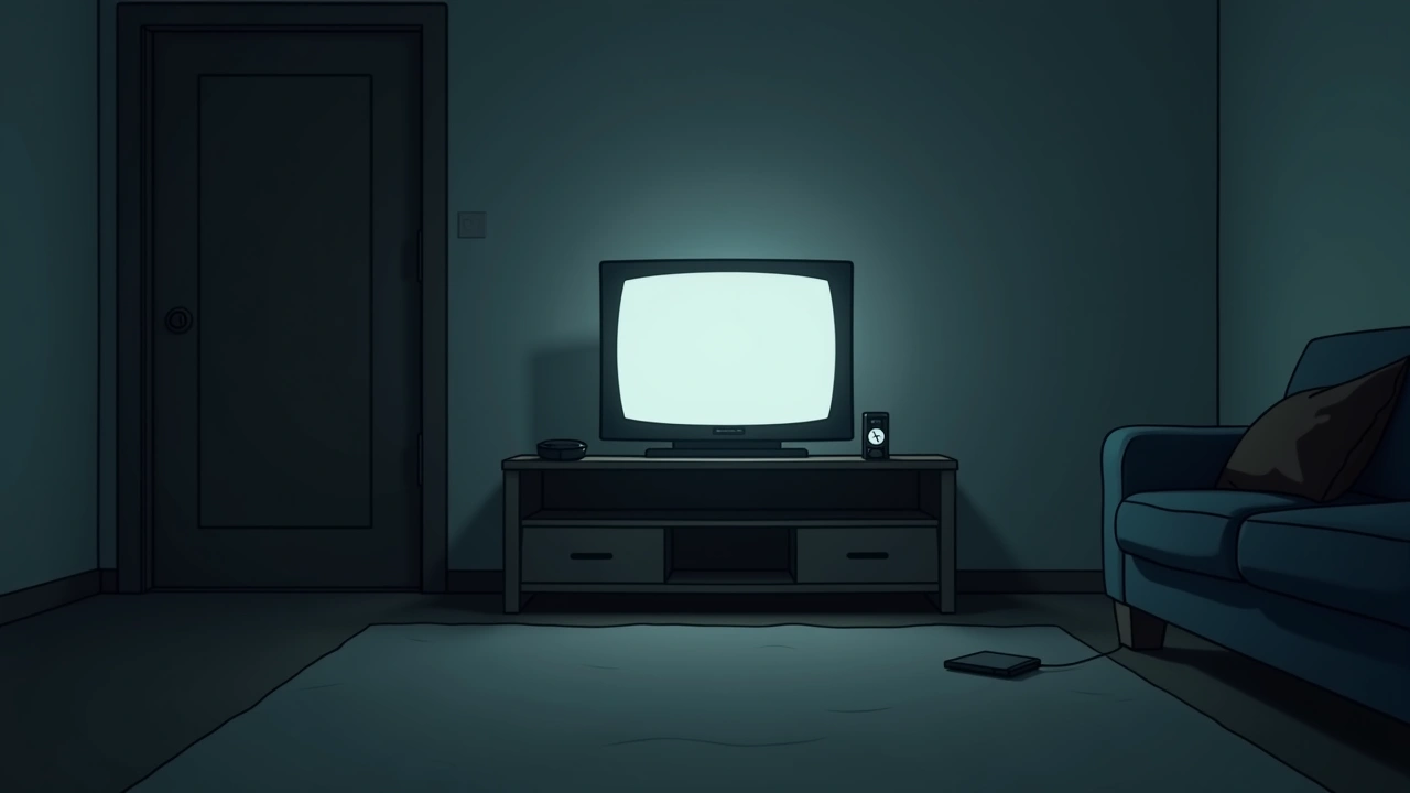 Illustration: a dim living room lit by a television's glow, a phone resting nearby.