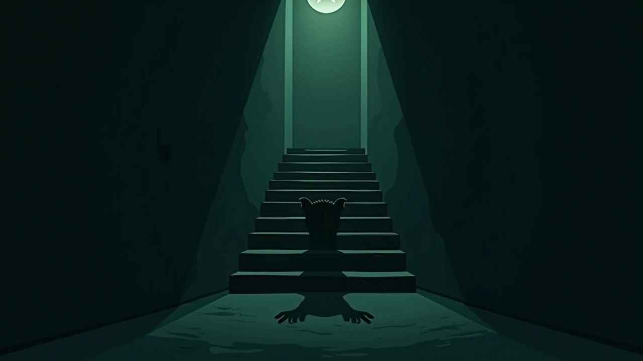 Illustration: a dark basement staircase, dimly lit, with a shadowy animal-like shape near the bottom.