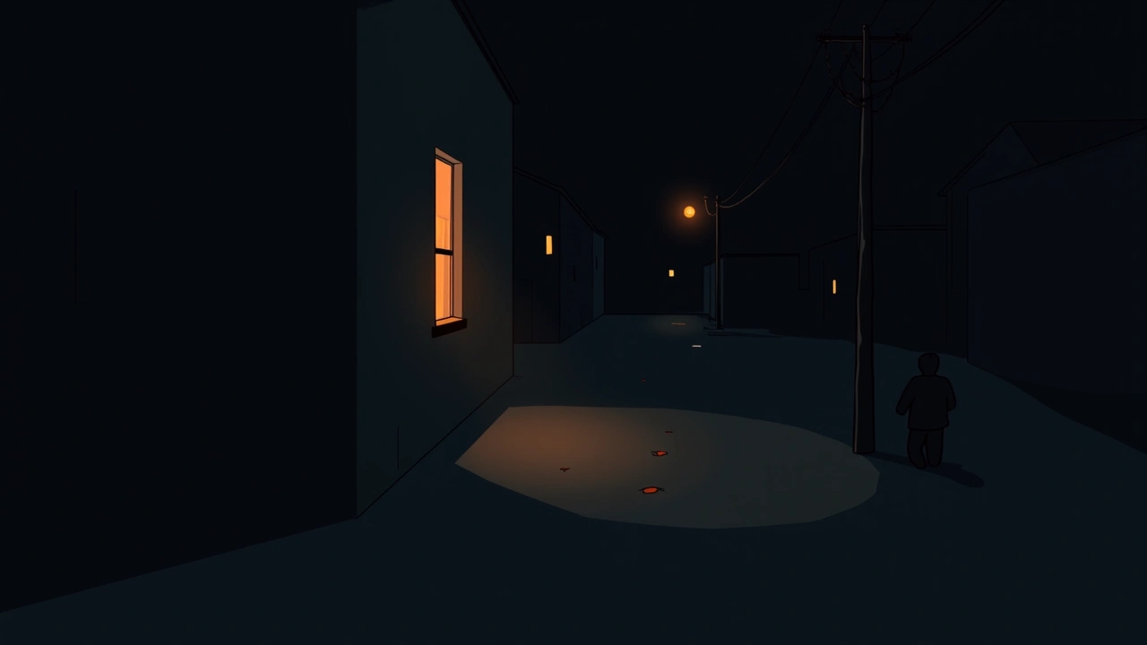 Illustration: a shadowed street corner at night near a window, hinting at a past accident.