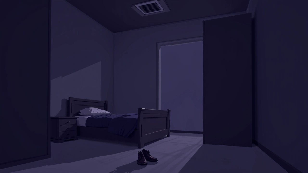 Illustration: a dim bedroom with an air vent in the ceiling, shoes conspicuously absent by the bed.