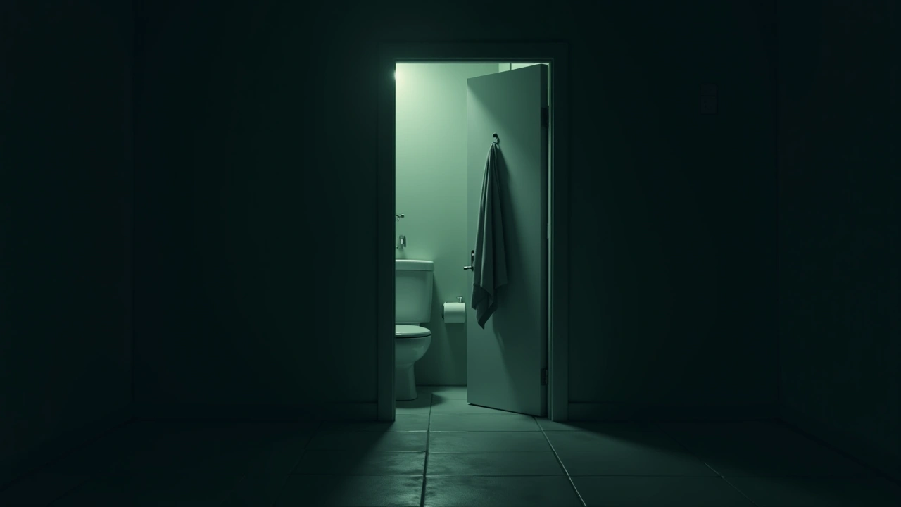 Illustration: a steamy bathroom doorway with a towel hanging on a hook.