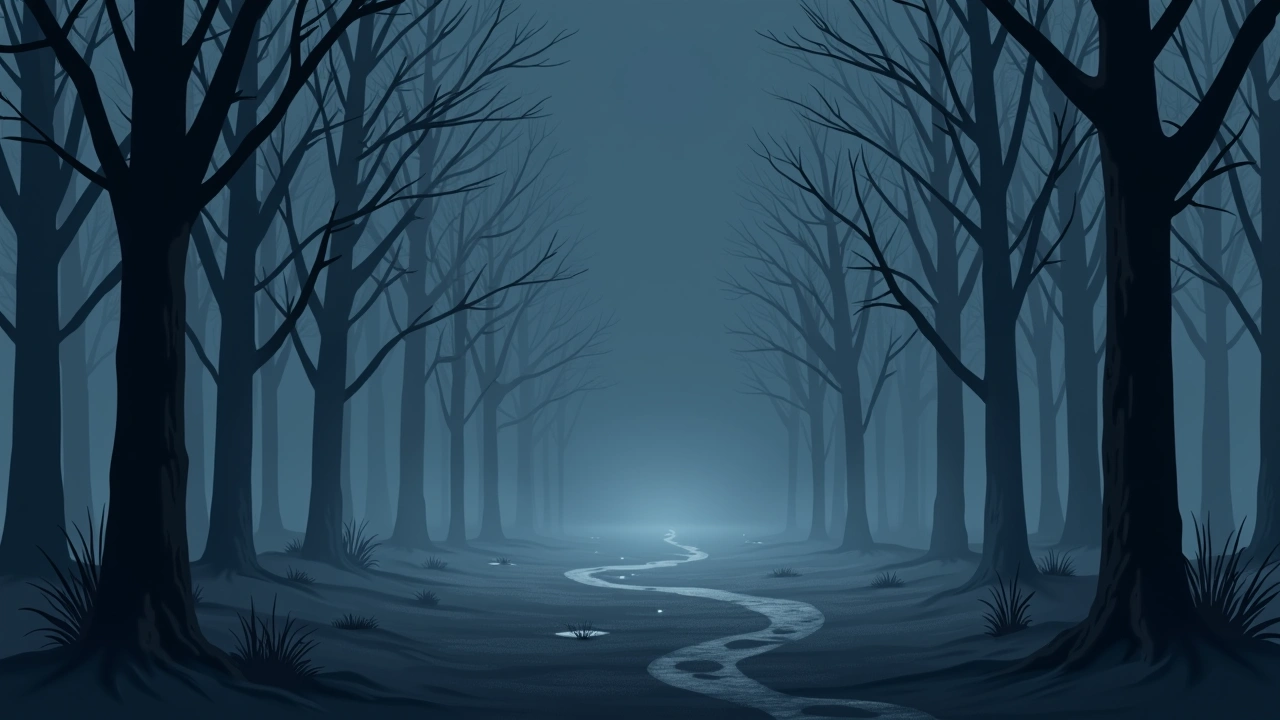 Illustration: a frosty forest clearing at night, thin mist drifting between bare trees.
