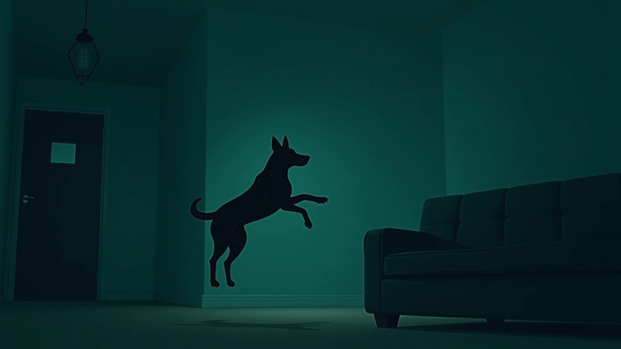 Illustration: a dog leaping off a couch in a dim living room.