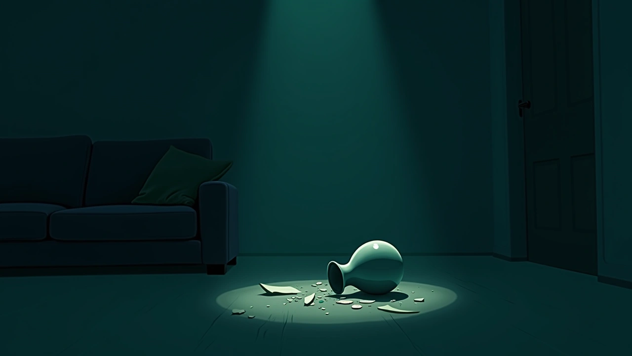 Illustration: a vase knocked over and shattered on the floor of a dim living room at night.
