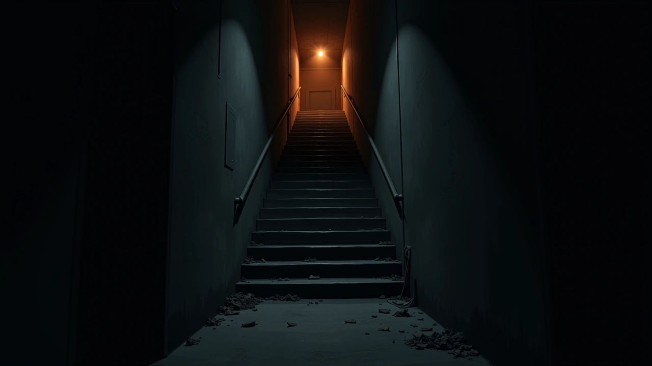 Illustration: A dim, cluttered basement staircase with a single light at the top.