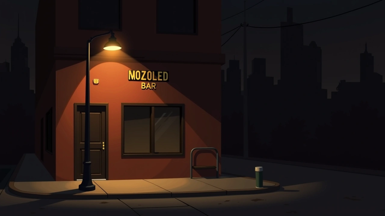 Illustration: a street sign glowing under a streetlamp outside a dimly lit bar at night.