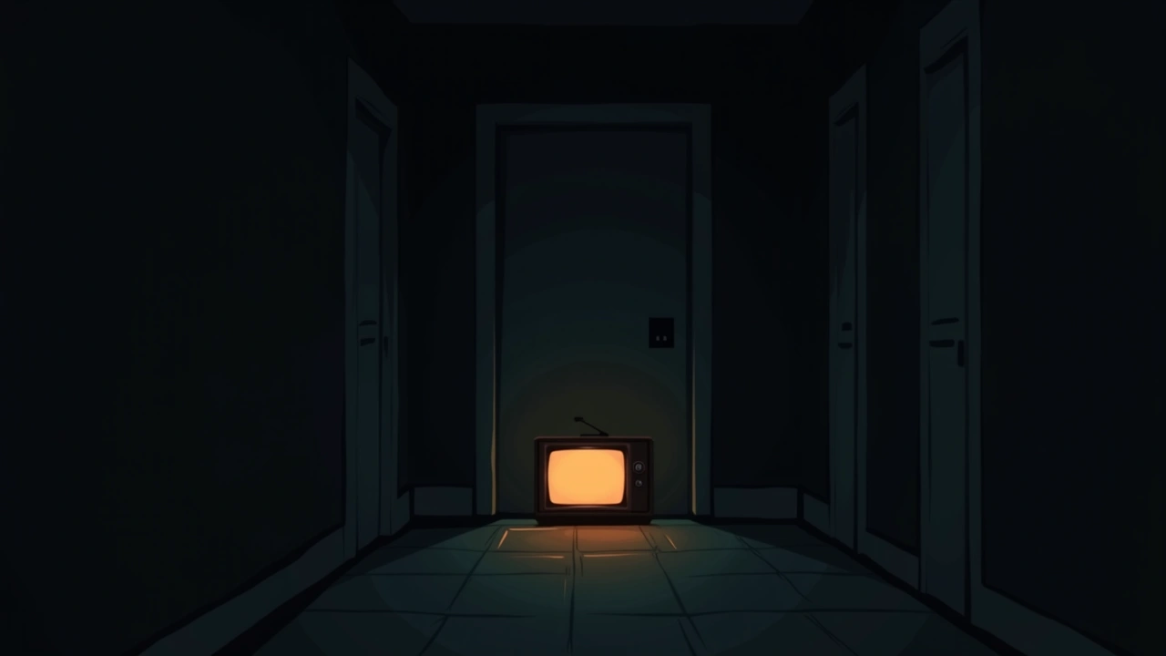 Illustration: a dim hallway with a flickering television glow and a door left ajar.