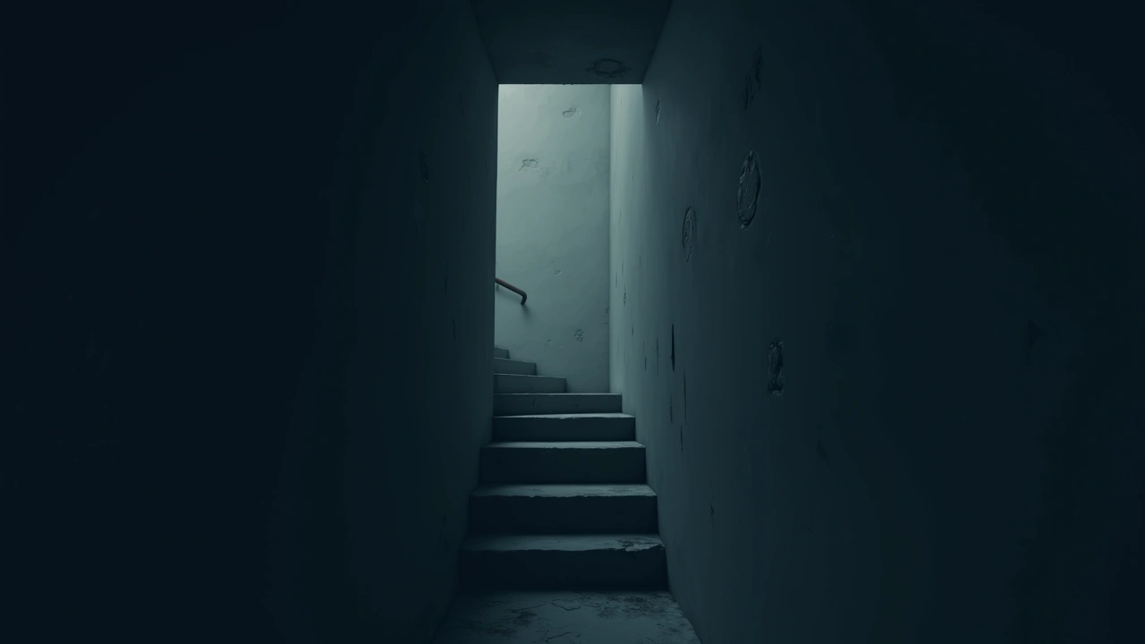 Illustration: a dark staircase leading down into a basement, seen from above.