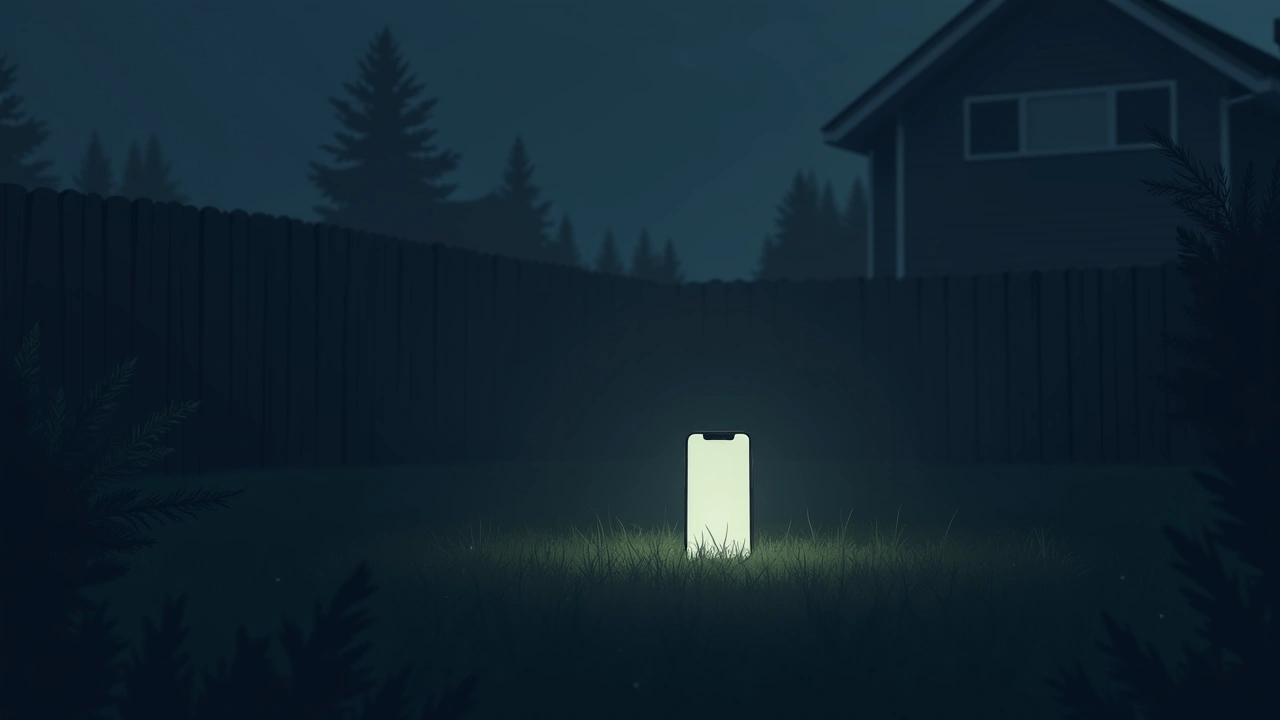 Illustration: a backyard at dusk, a phone screen glowing softly in the grass.