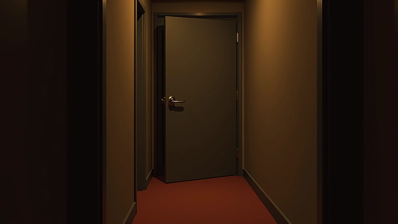 Illustration: a hotel room door standing stuck at night in a dim hallway.