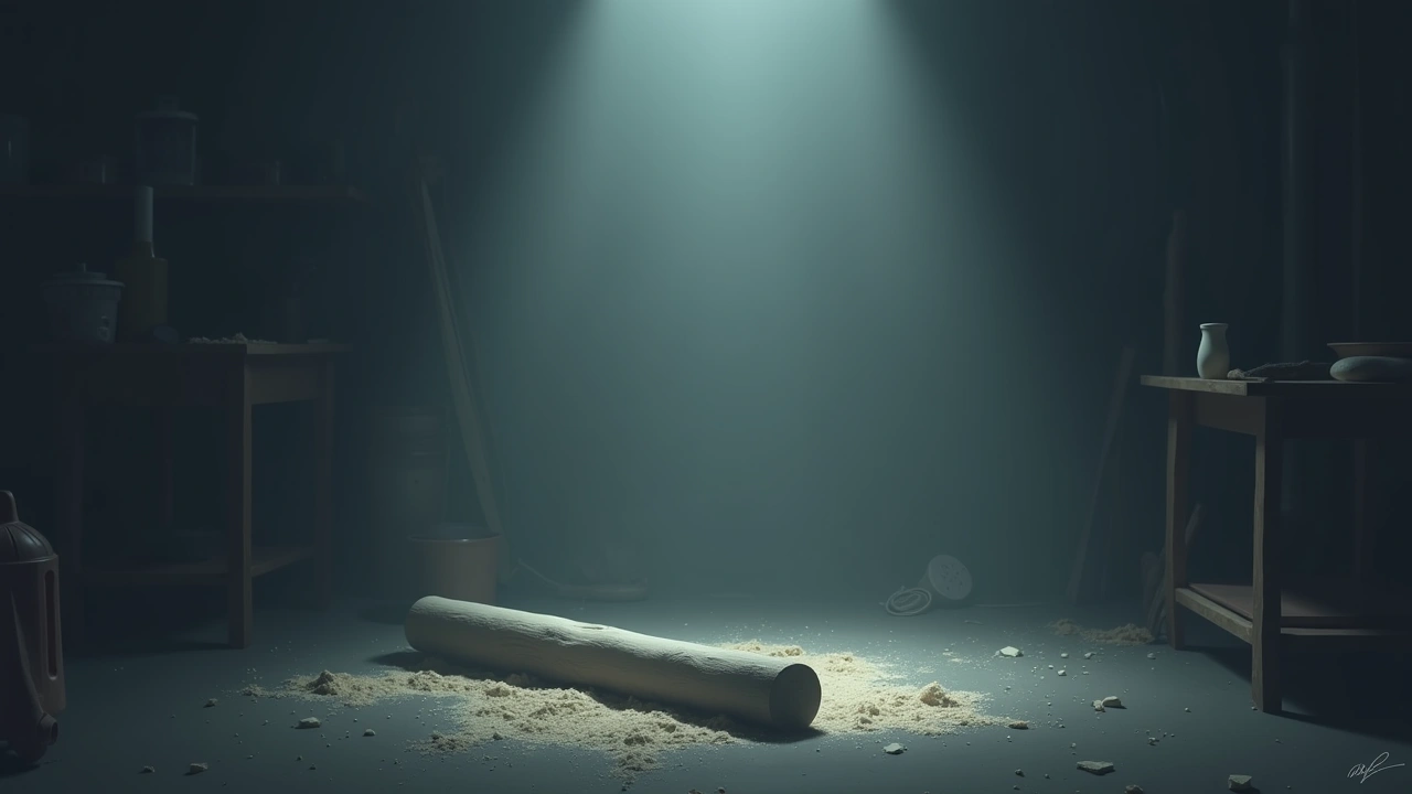 Illustration: a workshop with sawdust scattered around a partially cut piece of wood, dim overhead light.