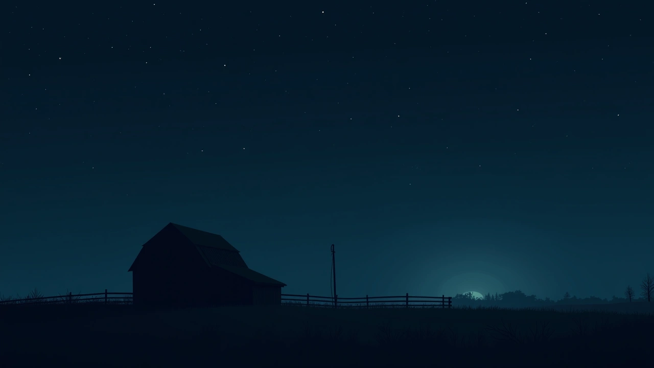 Illustration: a quiet farm at night with a barn silhouette against the stars.
