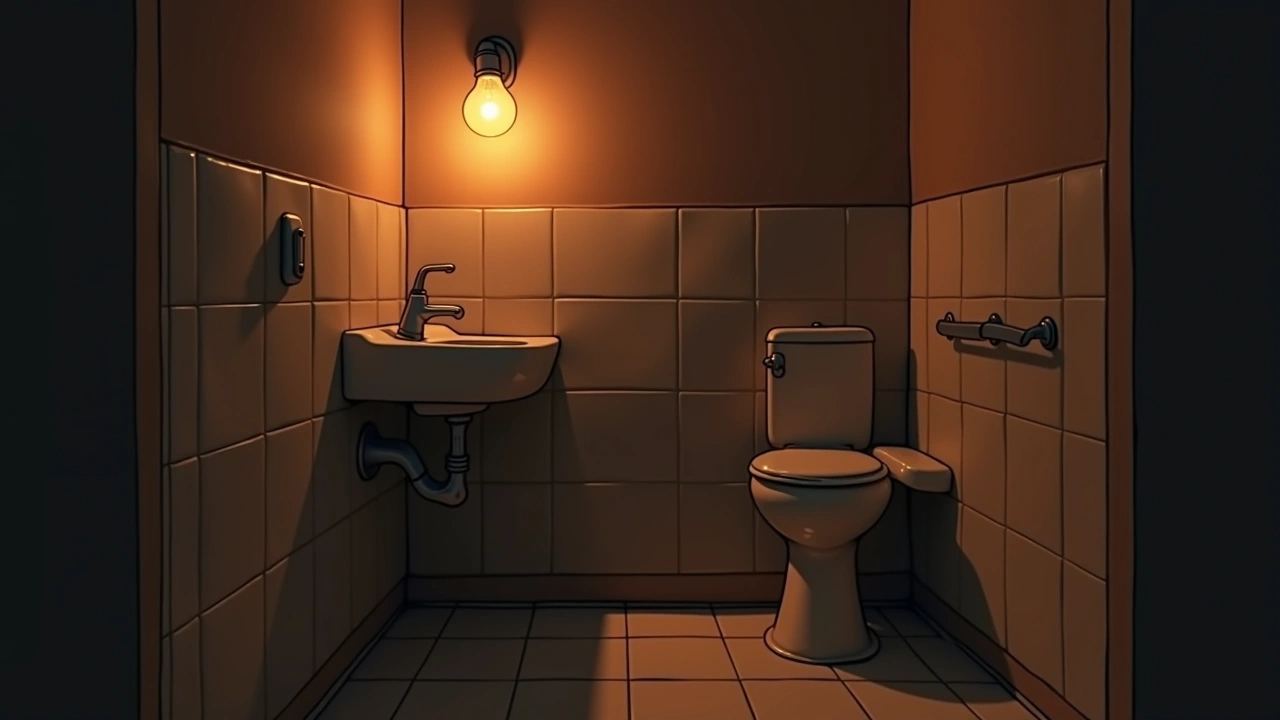 Illustration: a small tiled bathroom lit by a single bare bulb.