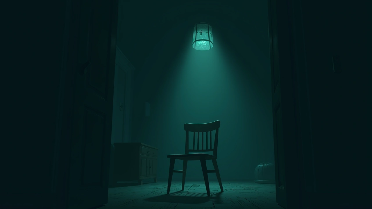 Illustration: an old wooden chair alone in a dim, empty room inside a historic house at night.