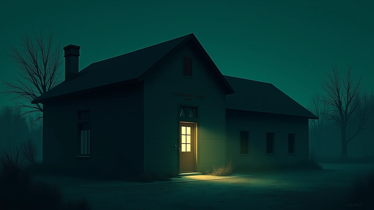 Illustration: An old brick community center at night, its front door standing slightly open.