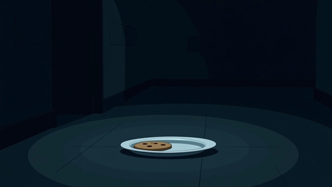 Illustration: a plate with a cookie missing, on a dark basement floor.