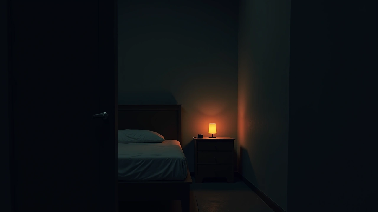 Illustration: A dim, empty bedroom lit only by a nightstand lamp.