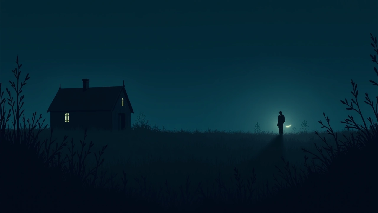 Illustration: a quiet overgrown rural field at dusk, evoking a WWII-era past.
