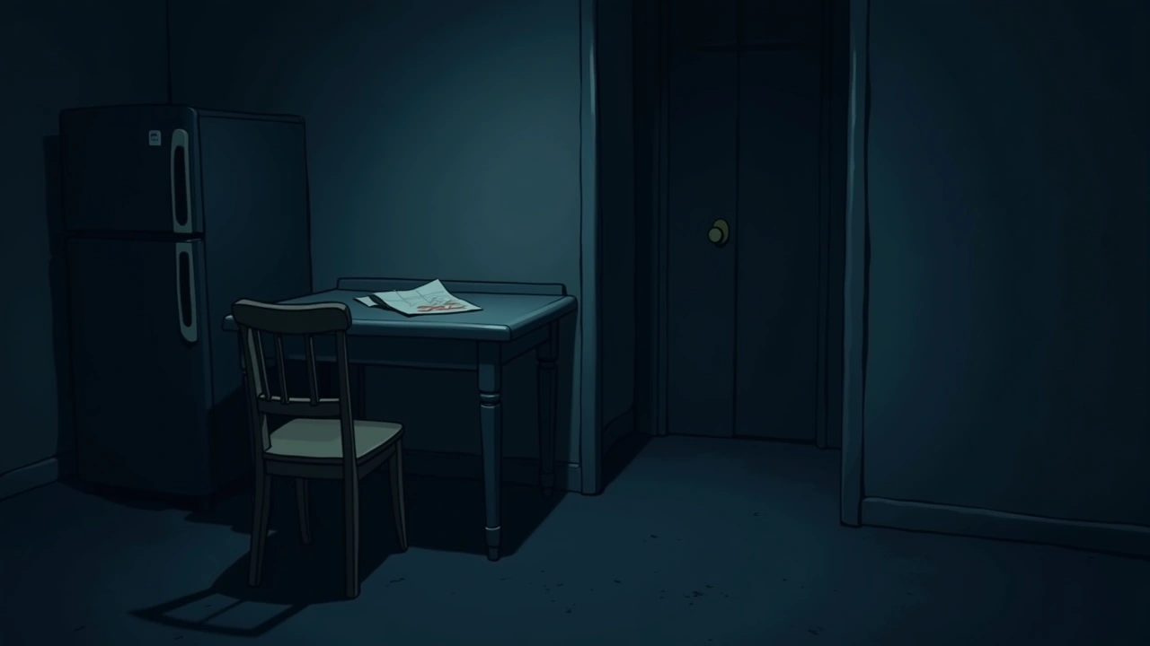 Illustration: a kitchen table and chair in a quiet home, an old piece of mail on the counter.