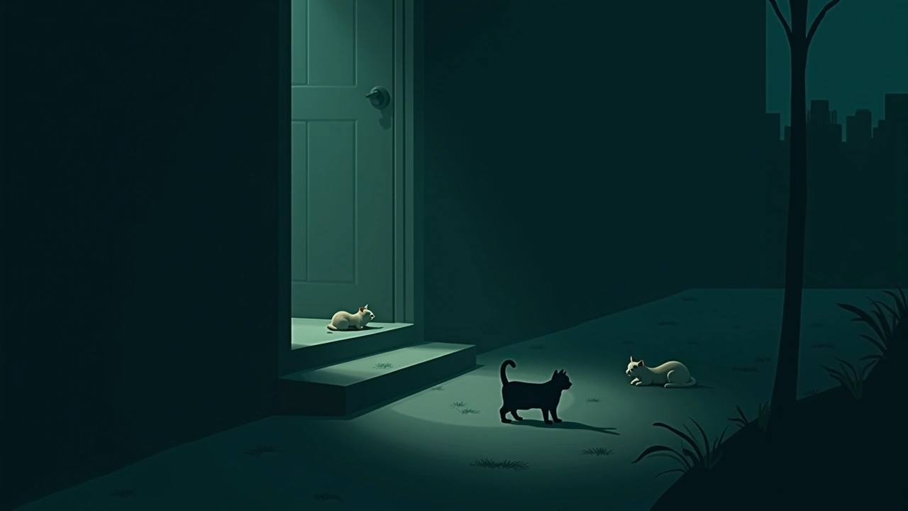 Illustration: a few stray cats gathered near a porch step at dusk.