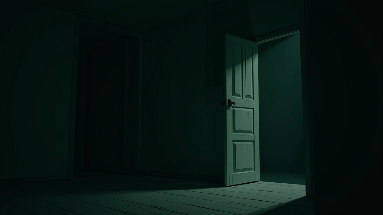Illustration: a wooden kitchen cupboard door standing slightly open in a dim, old house.