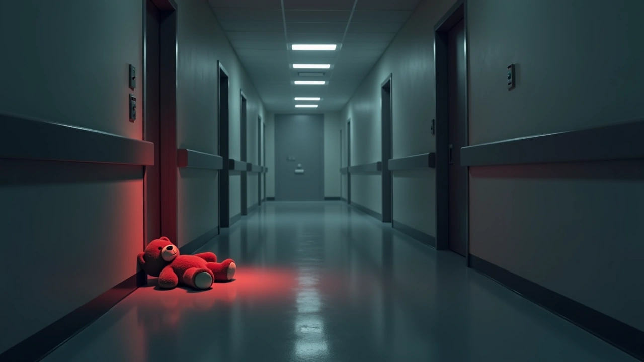 Illustration: an empty hospital hallway bathed in red light, a teddy bear lying alone on the floor.