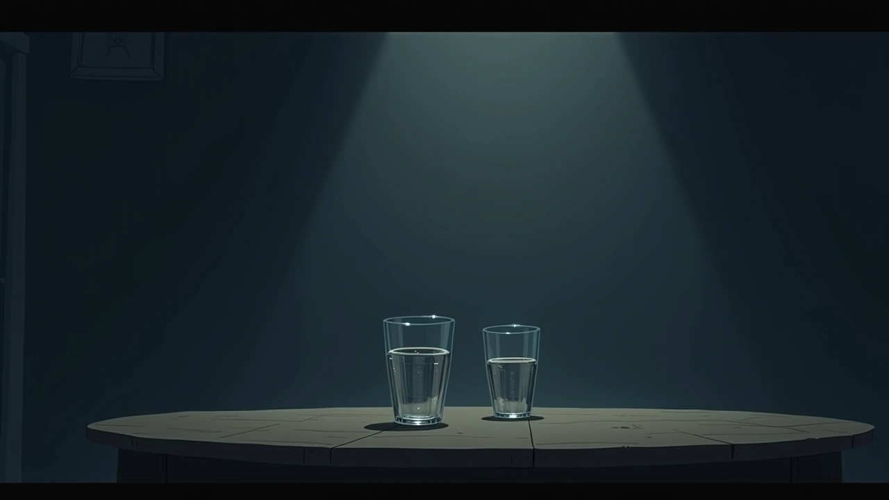Illustration: two glasses on a wooden table, caught mid-fall in a dim room.