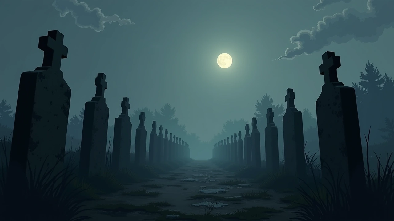 Illustration: rows of weathered, moss-covered gravestones in a dim graveyard at dusk.