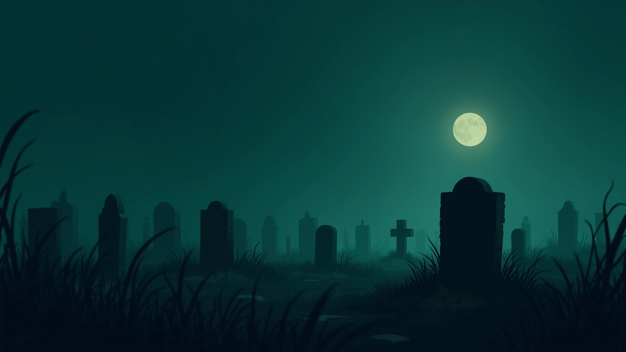 Illustration: a weathered cemetery headstone at dusk among rows of old graves.