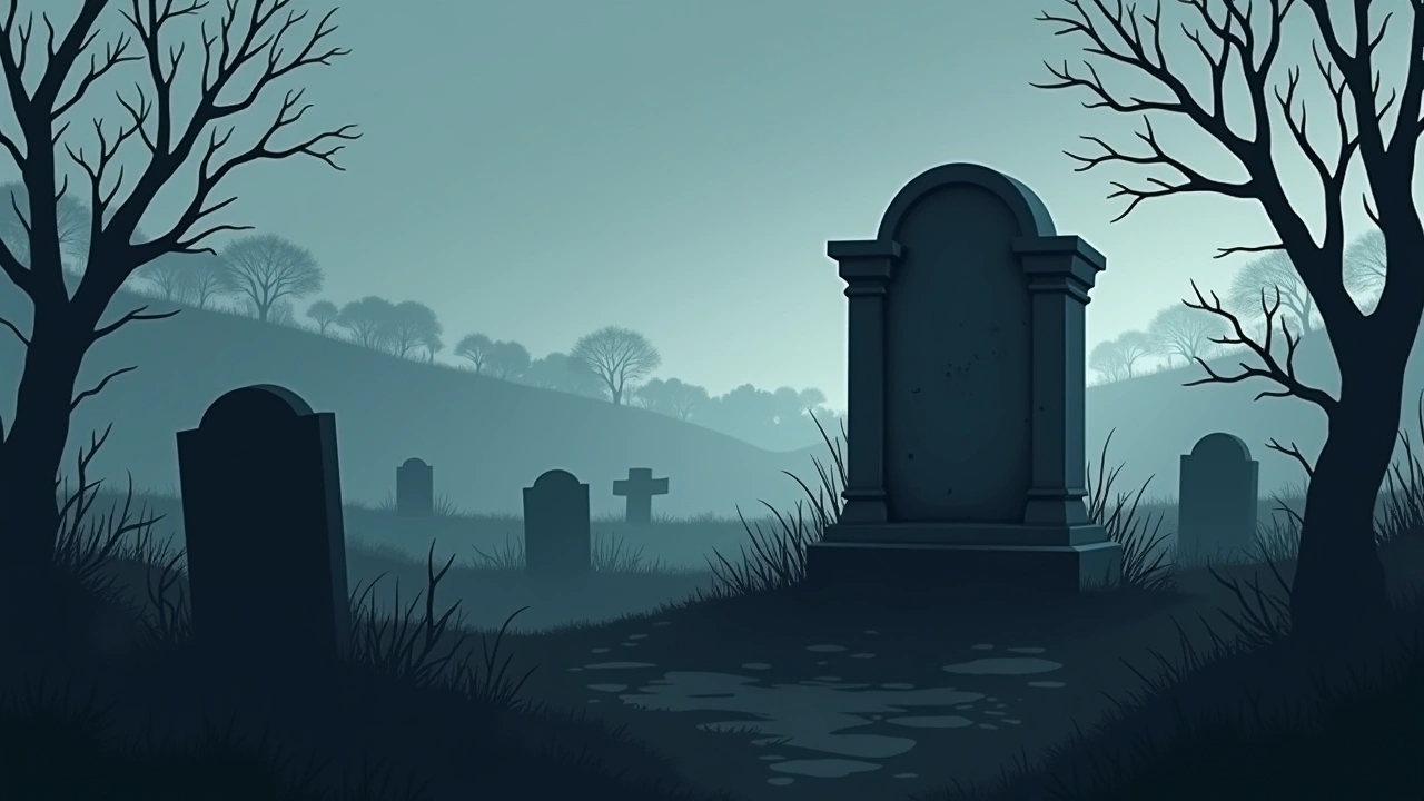 Illustration: an old, weathered tomb-style grave in a quiet countryside graveyard at dusk.