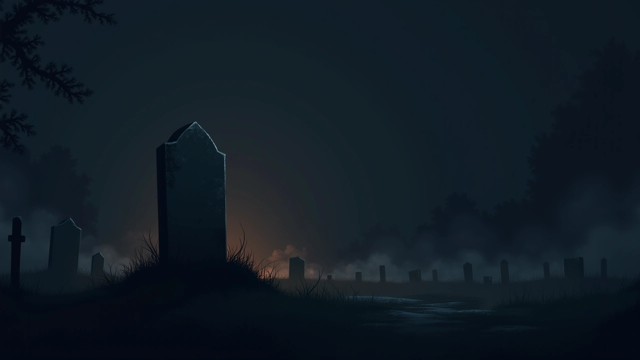 Illustration: a small, weathered gravestone with slightly raised earth in a quiet cemetery at dusk.
