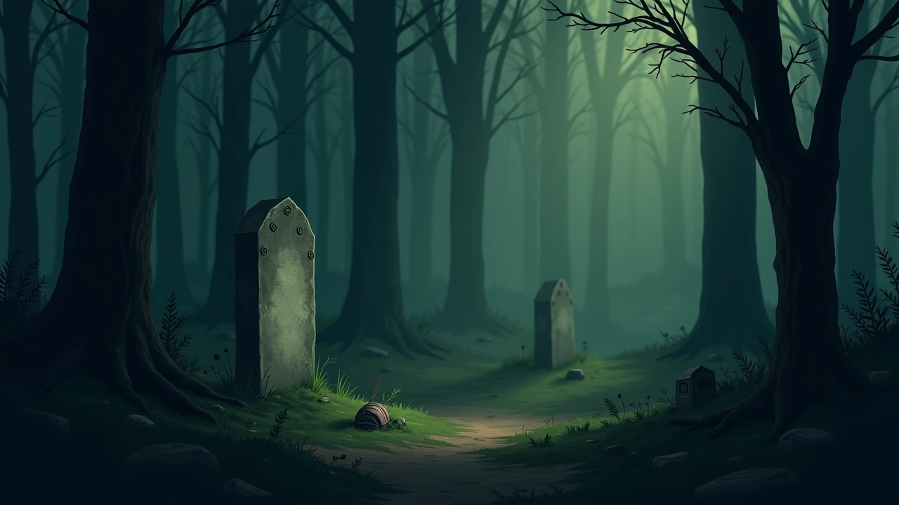 Illustration: an old, weathered cemetery gravestone under overcast light, geocaching gear nearby.