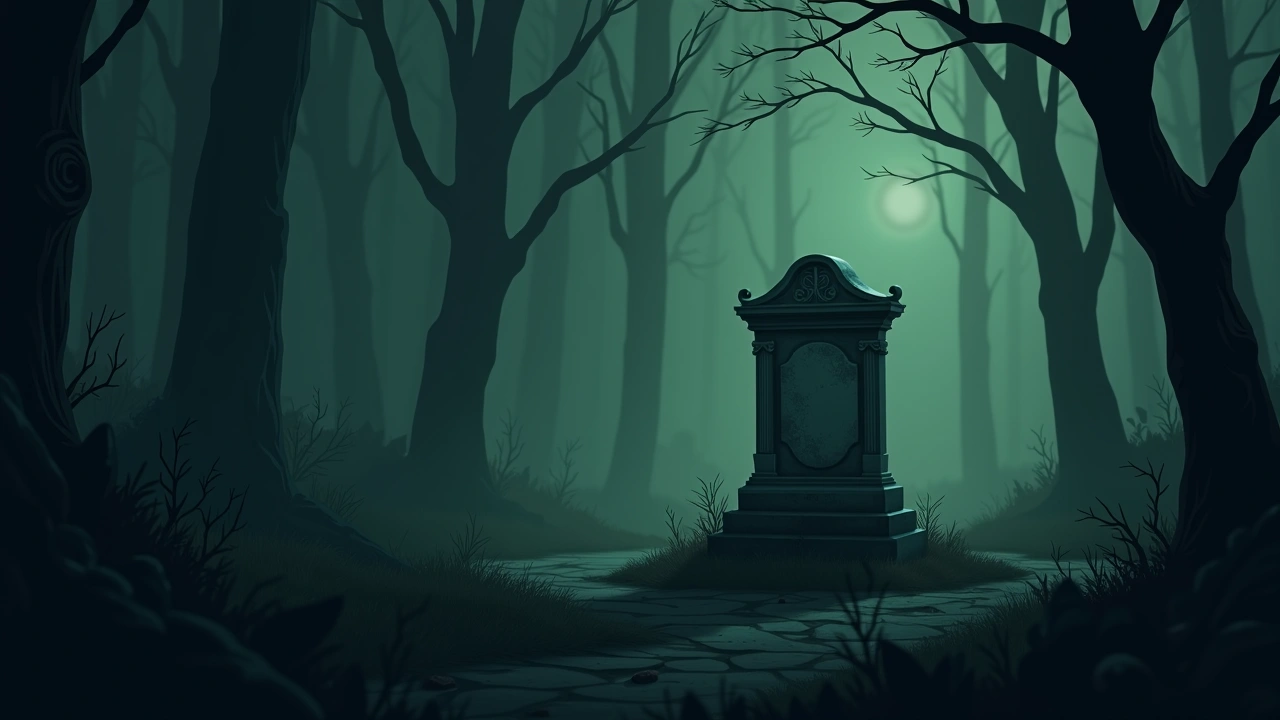 Illustration: an old weathered gravestone in a quiet cemetery.