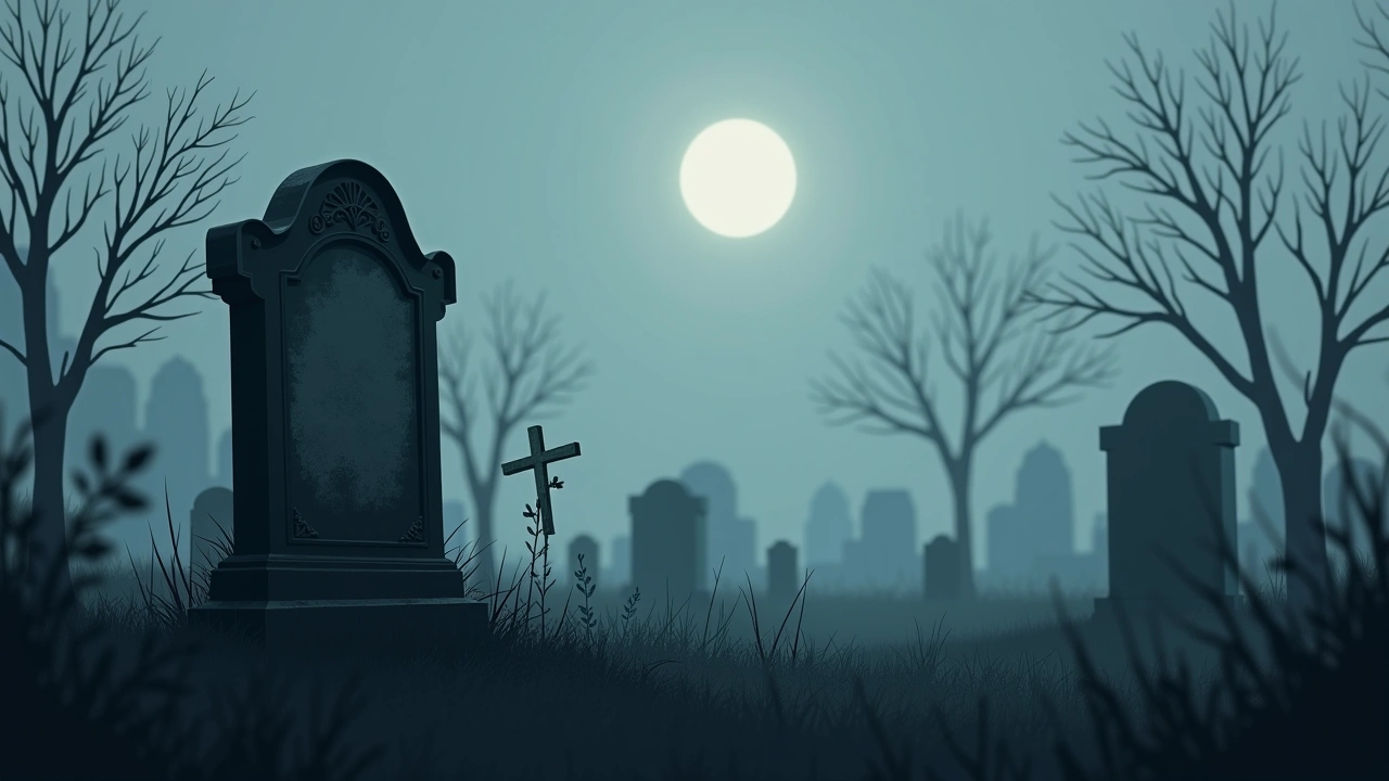 Illustration: a weathered gravestone in an overgrown cemetery at dusk.