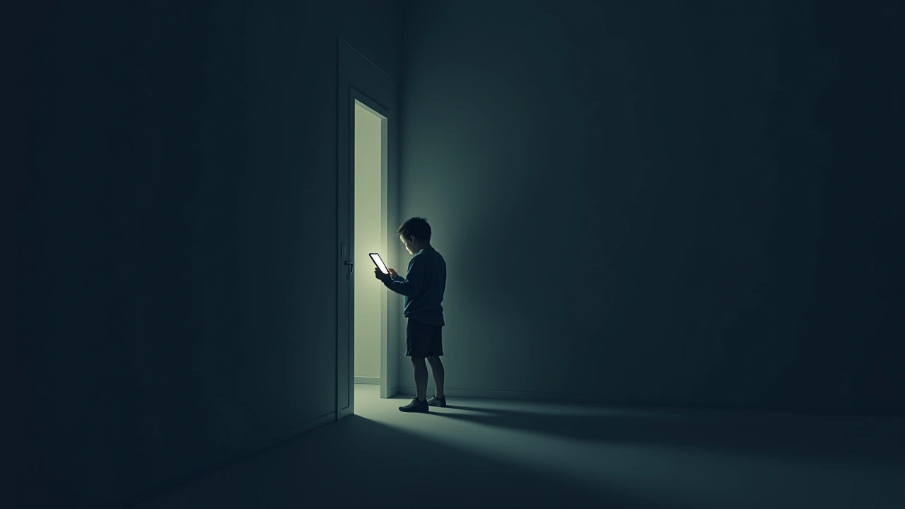 Illustration: a phone glowing in a dark room as someone leans in close to listen.