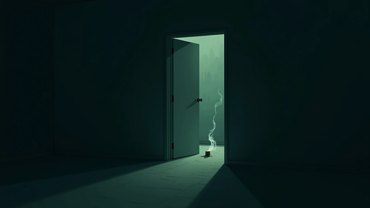 Illustration: a dim apartment doorway with a smudge stick trailing smoke.