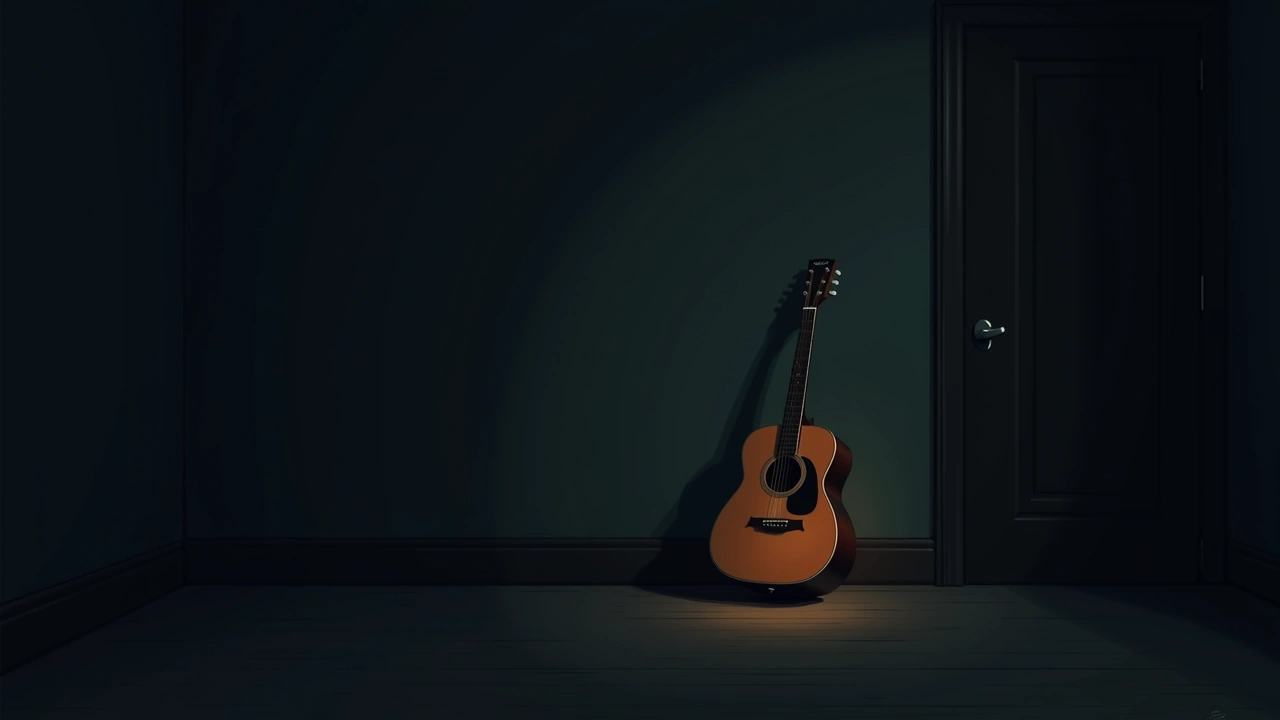 Illustration: a guitar leaning against a bedroom wall, lit by dim night light.