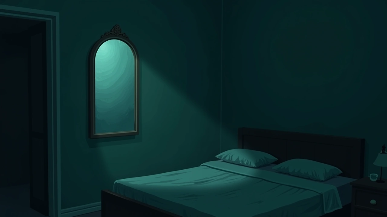 Illustration: an old wall mirror in a dim apartment bedroom at night, its glass faintly clouded.