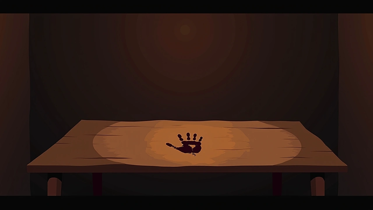 Illustration: a faint handprint on a wooden table in dim light.