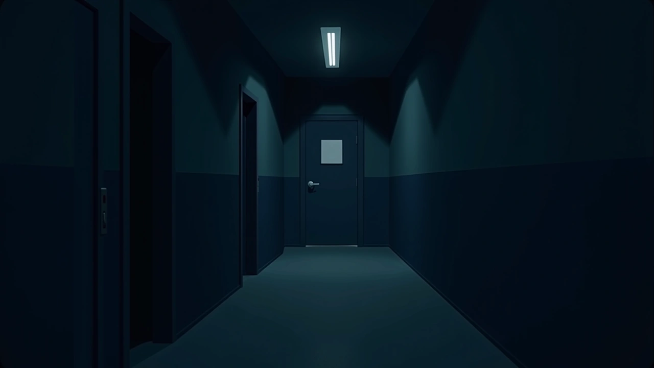 Illustration: A dark, empty school hallway at night.