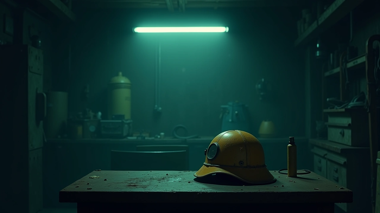Illustration: A battered old helmet resting on a workbench in a dim boat repair shop.